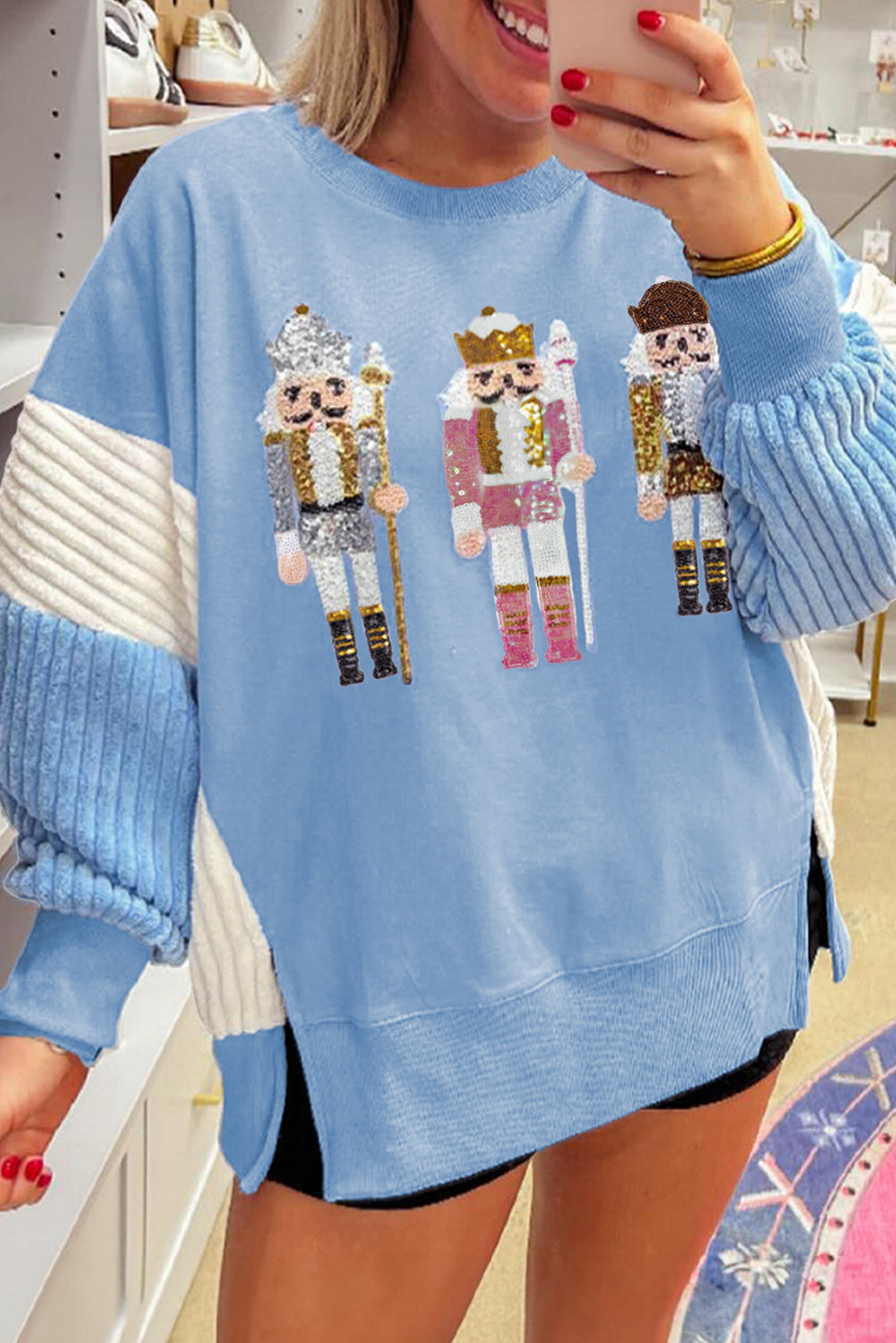 Beau Blue Sequin Nutcracker Textured Sleeve Patchwork Color Block Sweatshirt