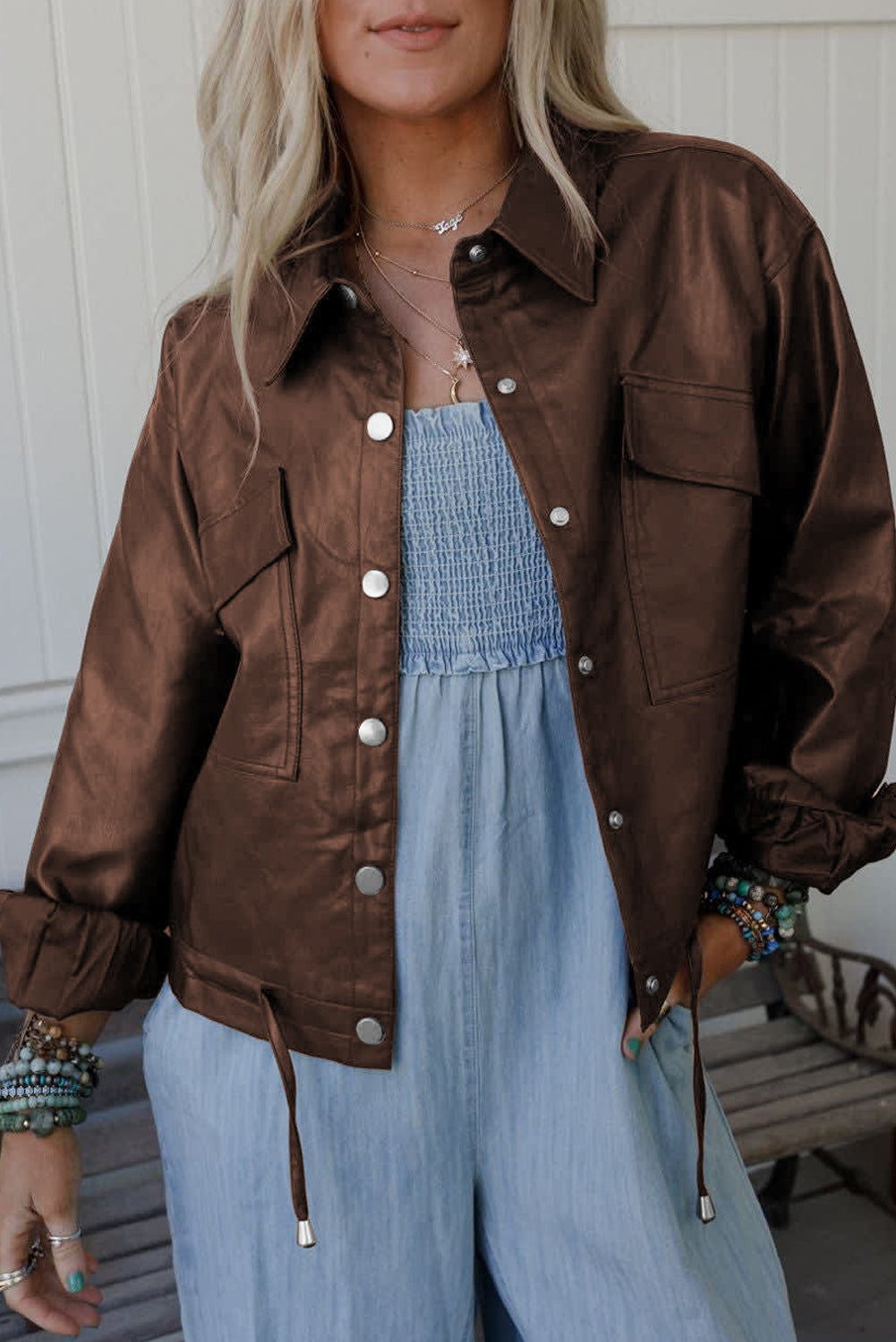 Chicory Coffee Double Flap Pocket Drawstring Hem Faux Leather Jacket