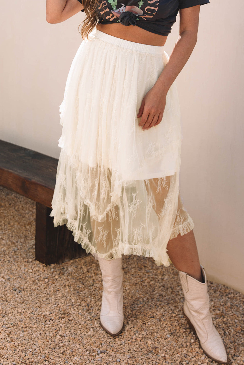 Apricot Lace Cascading Tiered High Waist Maxi Skirt