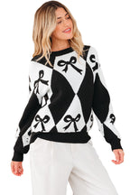 Black Bow Print 2-tone Rhombus Knit Loose Sweater