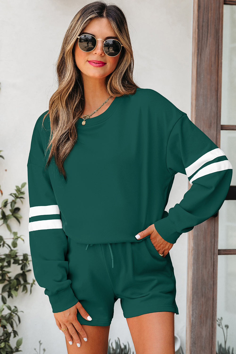 Varsity Striped Sleeve Drop Shoulder Sweatshirt and Short Set