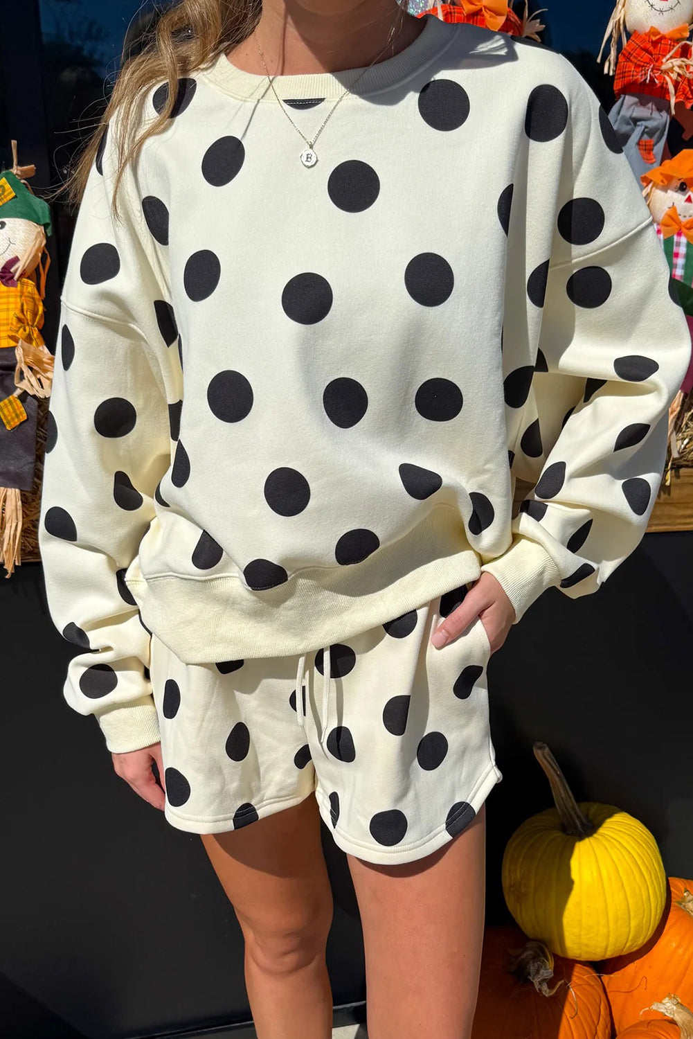 Polka Dot Print Drop Shoulder Pullover Drawstring Shorts Set