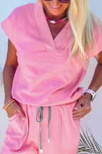 Solid Color V Neck Tee Drawstring Pant Set