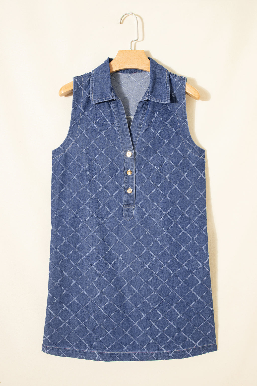 Sail Blue Rhombus Textured Collar Buttoned V Neck Denim Sleeveless Mini Dress