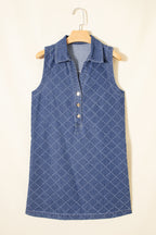 Sail Blue Rhombus Textured Collar Buttoned V Neck Denim Sleeveless Mini Dress