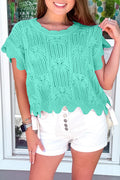 Mint Green Pointelle Knit Patterned Scalloped Trim Short Sleeve Sweater