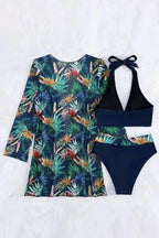 3pcs Tropical Contrast Trim Halter Bikini Set with Cover up