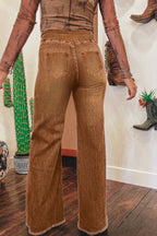 High Waist Button Fly Seamed Raw Hem Flare Jeans