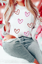 White Sequin Heart Sketch Graphic Womens Casual Tee