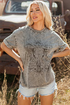 Light Grey Western Steer Head Tie Dye Print Crew Neck T Shirt