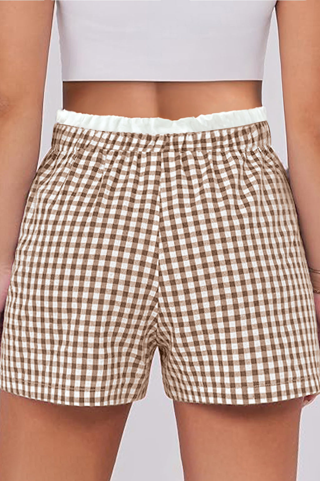 Khaki Contrast Trim Plaid Print Plus Size Shorts
