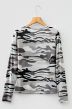 Western Fashion Camouflage Print Mesh Long Sleeve Top