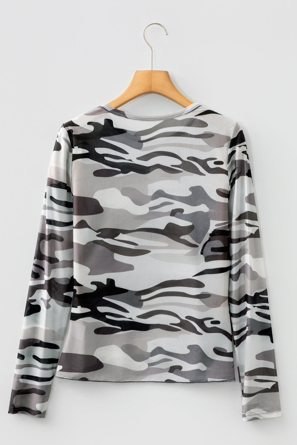 Western Fashion Camouflage Print Mesh Long Sleeve Top