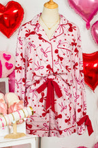 Red Bow Print Valentine Long Sleeve Shirt Shorts 2 Pcs Pajama Set