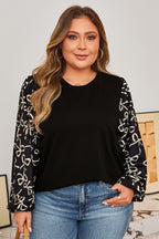 Black Bow Knot Patchwork Crewneck Plus Size Blouse