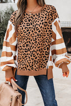 Purple Stripe Color Block Patchwork Leopard Casual Sweatshirt with Slits