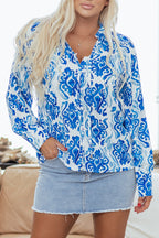 Sky Blue Ethnic Printed Tie Split Neck Button Front Puff Sleeve Shirt