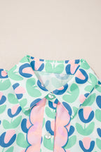 Green Floral Print Notched Neck Scalloped Detail Long Sleeve Mini Dress
