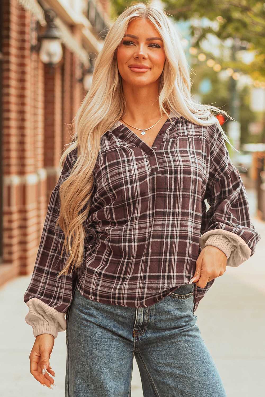 Plaid Patchwork Long Sleeve Button Hooded Blouse
