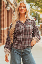 Plaid Patchwork Long Sleeve Button Hooded Blouse