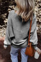 Coffee Striped Print Ribbed Knit Boat Neck Baggy Sweater