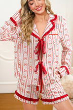Red Sweet Floral Heart Bow Print Contrast Trim Long Sleeve Shirt Pyjama Short Set