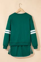 Navy Blue Varsity Stripe Detail Drop Shoulder Pullover Mini Skirt Set