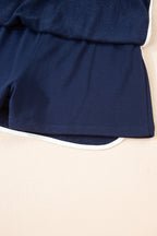 Navy Blue Varsity Stripe Detail Drop Shoulder Pullover Mini Skirt Set