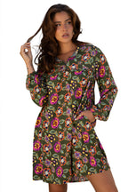 Green Floral Print Split Neck Bubble Sleeve Shift Mini Dress