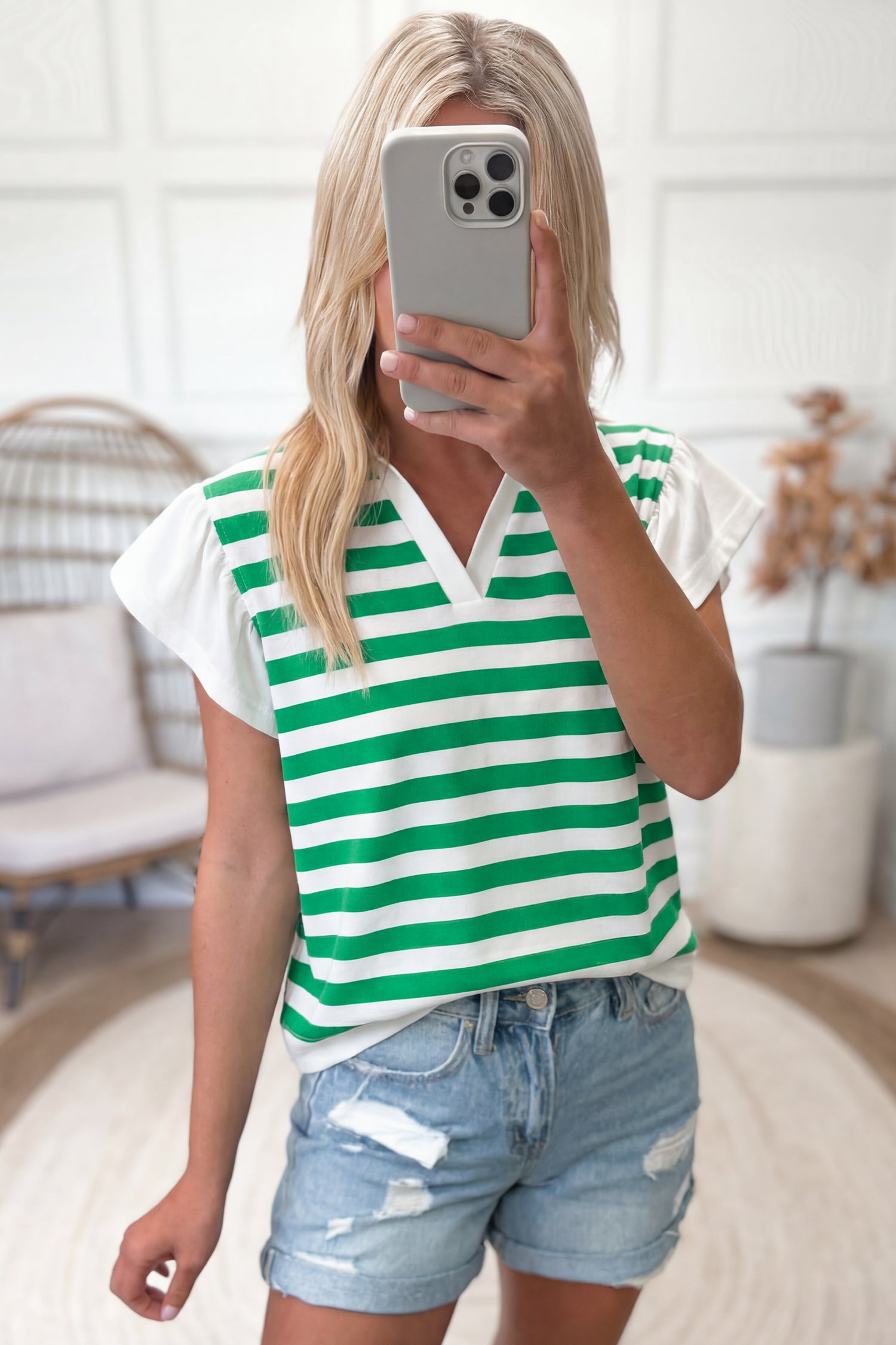 Striped Collar V Neck Ruffled Short Sleeve Blouse