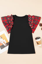 Plaid Pearl Ruffle Short Sleeve Loose T Shirt
