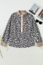 Multicolour Leopard Print Contrast Trim Button Split Neck Plus Long Sleeve Top