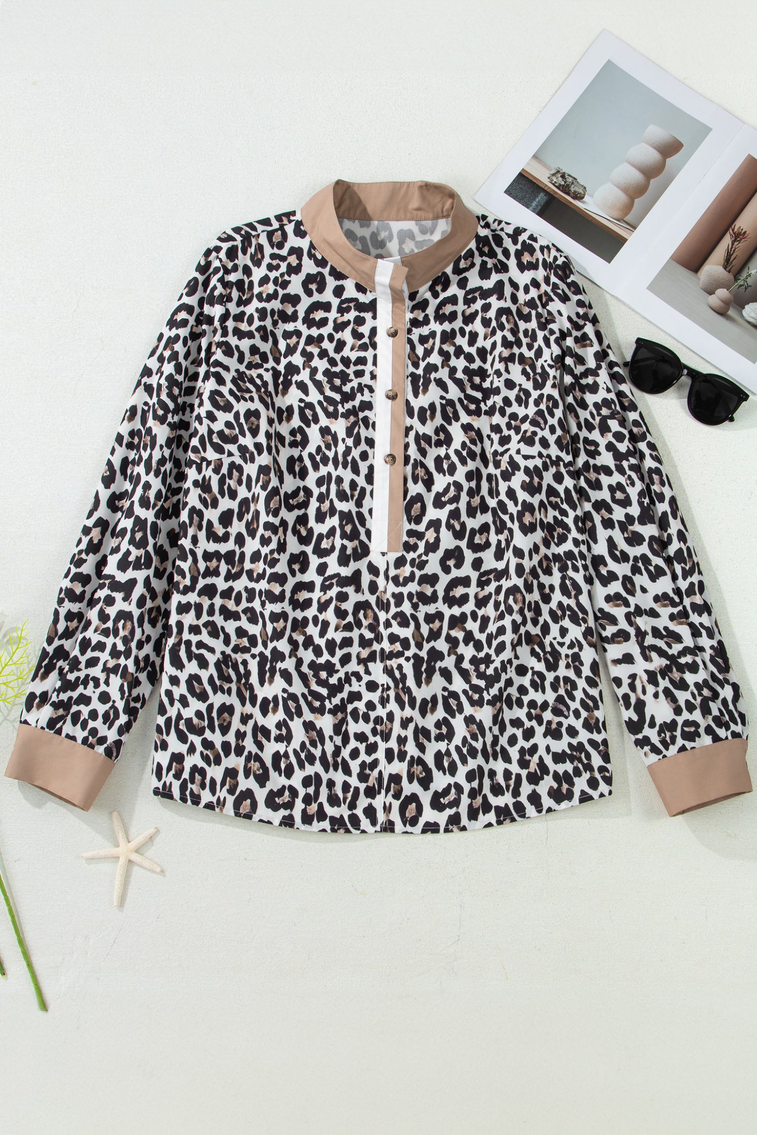 Multicolour Leopard Print Contrast Trim Button Split Neck Plus Long Sleeve Top