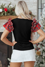 Plaid Pearl Ruffle Short Sleeve Loose T Shirt