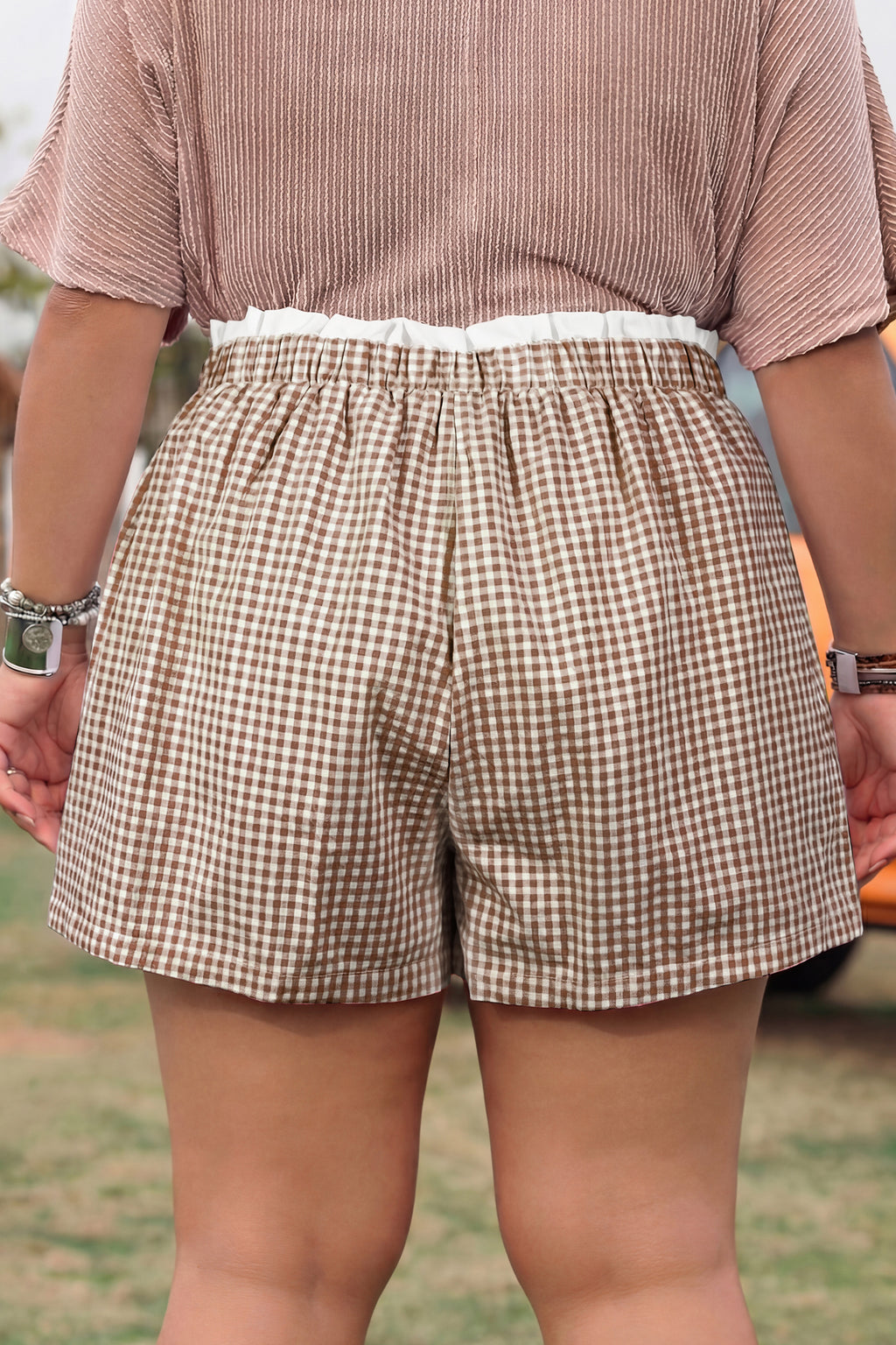 Khaki Contrast Trim Plaid Print Plus Size Shorts