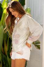 Floral Patched Waffle Textured Colorblock V Neck Casual Hooded Top