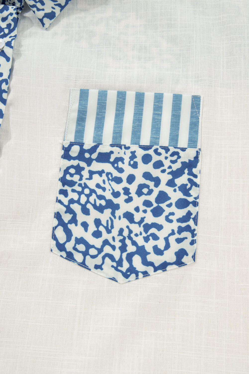 Sky Blue Leopard Striped Patchwork Casual Plus Size Shirt