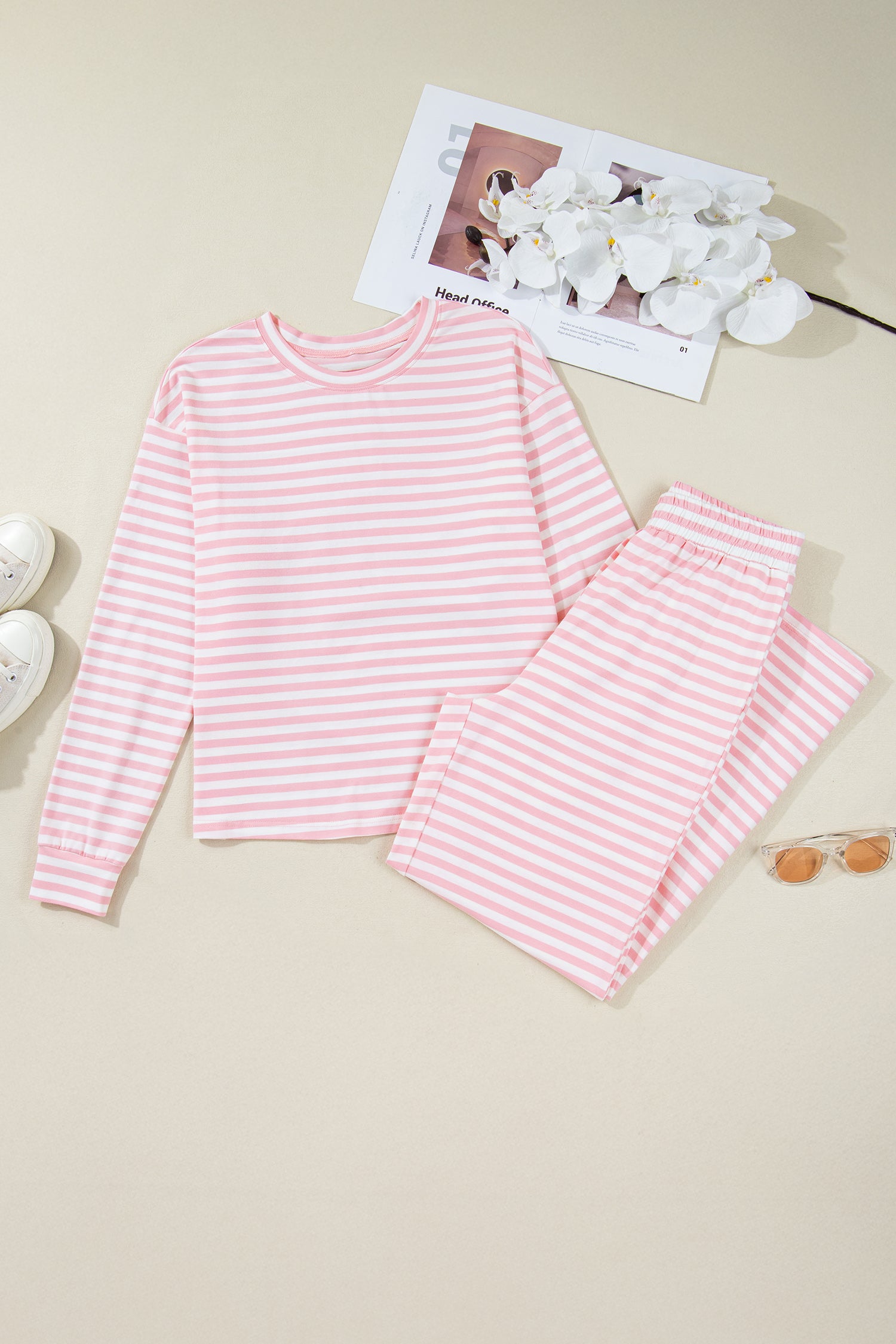 Pink Stripe Drop Shoulder Round Neck Top and Buttoned Straight Pants Two Piece Set
