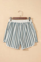 Grey Stripe Elastic Waist Cargo Pocket Casual Shorts