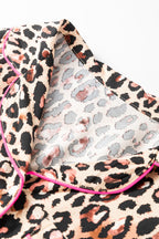 Light French Beige Leopard Print Contrast Trim Long Sleeve Shirt Drawstring Ruffle Hem Short Set