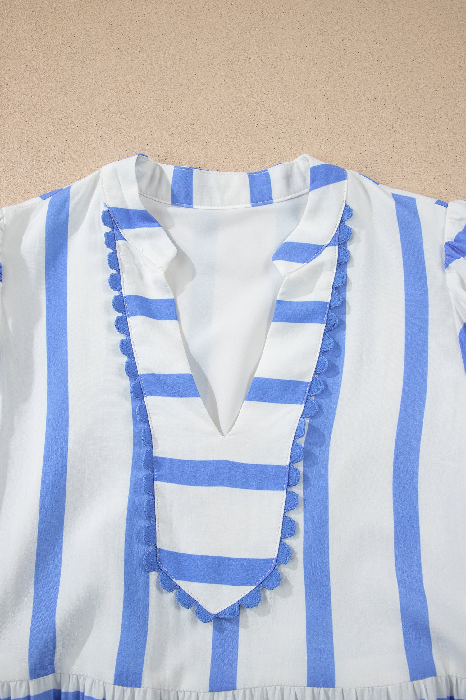Sky Blue Stripe Ricrac Trim Notched Neck Half Sleeve Vacation Dress