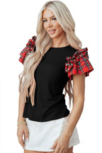 Plaid Pearl Ruffle Short Sleeve Loose T Shirt