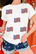 White Sequin American Flag Patched Casual T Shirt