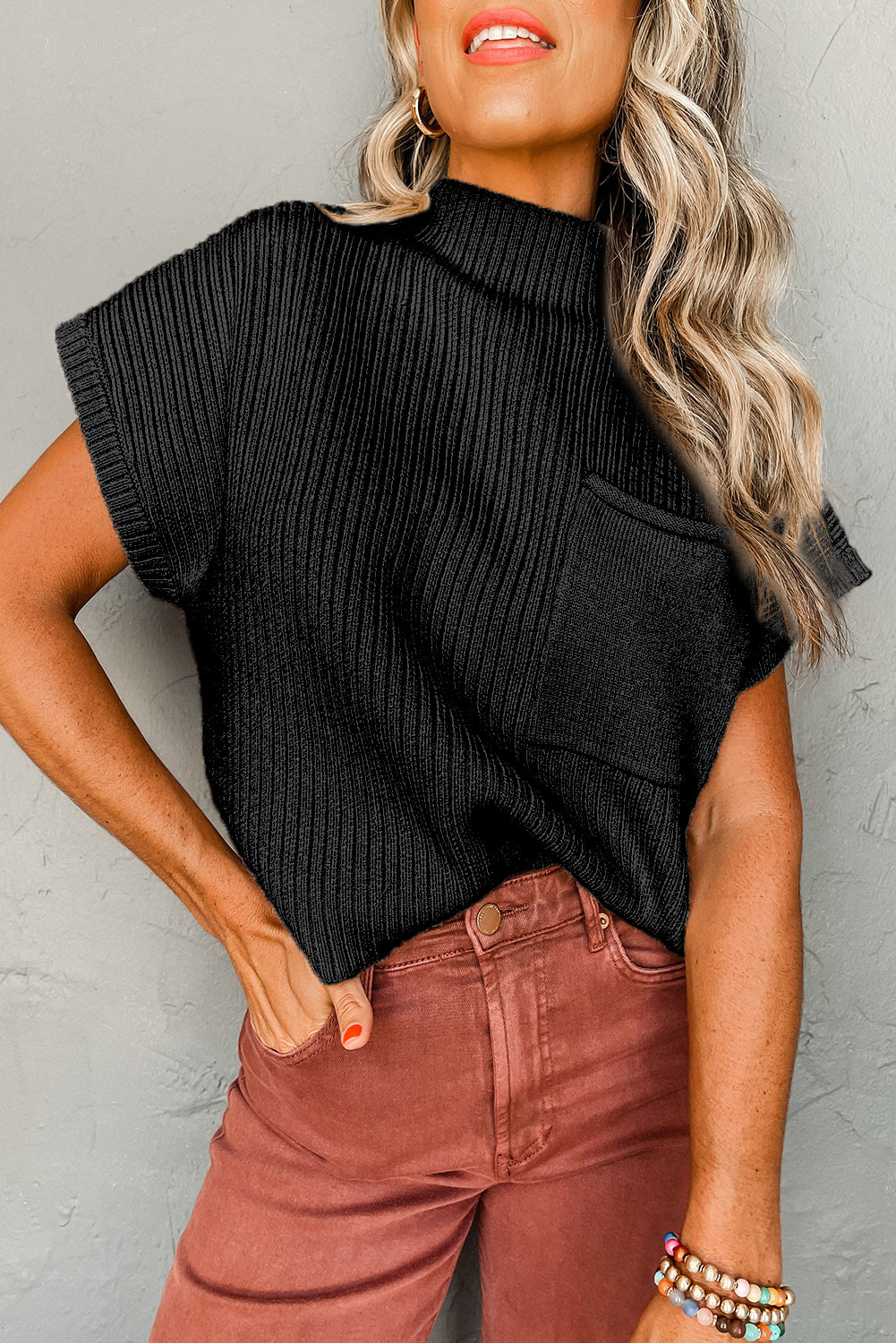 Dark Blue Patch Pocket Ribbed Knit Short Sleeve Sweater