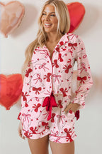 Red Bow Print Valentine Long Sleeve Shirt Shorts 2 Pcs Pajama Set