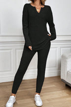 Ribbed Notched Neck Knit Long Sleeve Leggings Two Pieces Lounge Set