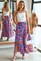Blue Bohemian Floral Print Tiered Maxi Skirt with Split