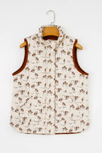 Apricot Floral Print Zip Up Quilted Vest