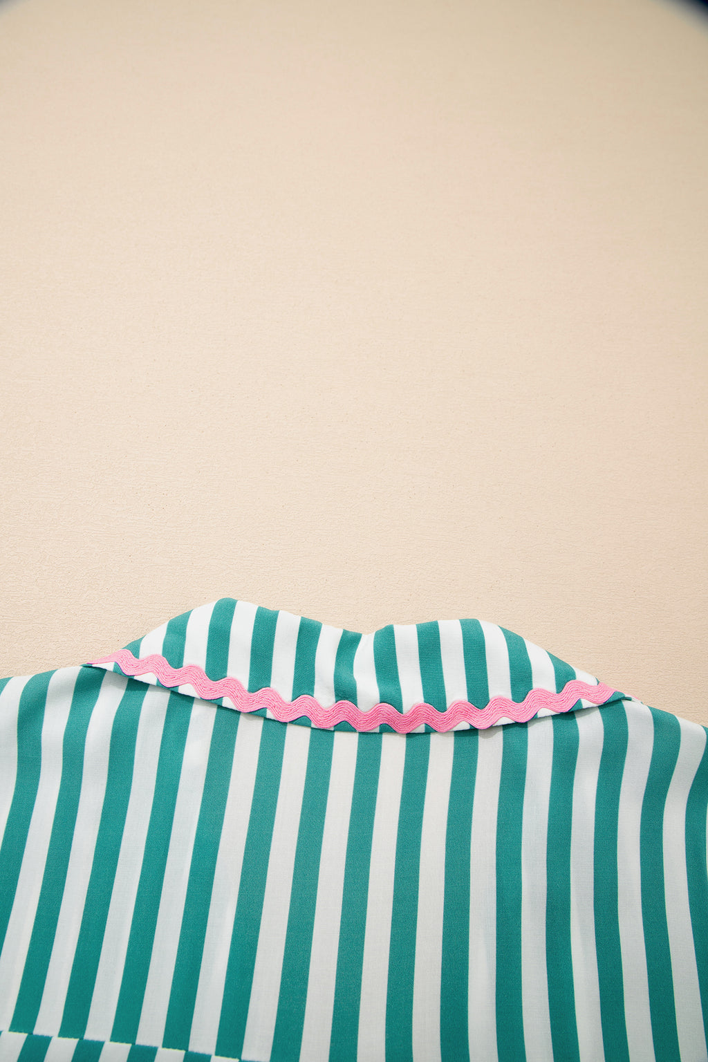 Green Stripe Contrast Ricrac Trim Long Sleeve Shirt Drawstring Ruffled Pyjama Short Set