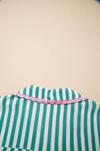 Green Stripe Contrast Ricrac Trim Long Sleeve Shirt Drawstring Ruffled Pyjama Short Set